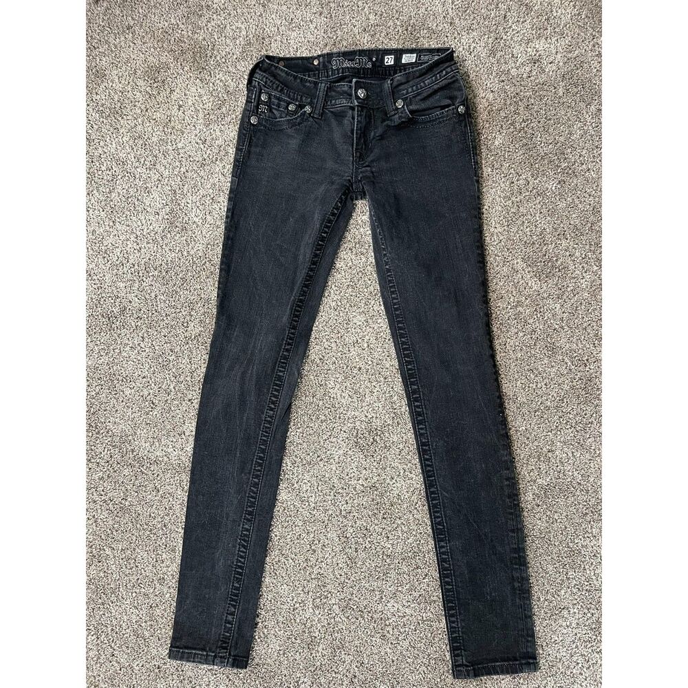 Miss Me Skinny Jeans Black Washed Fleur De Lis Embellished Pocket Size 27x31